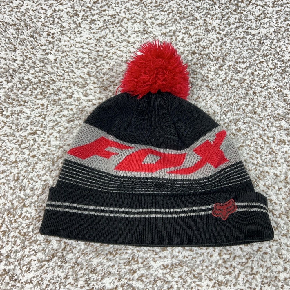 Fox Racing Hat Beanie Mens One Size Black Gray Pom Knit Motorcycle Logo Winter